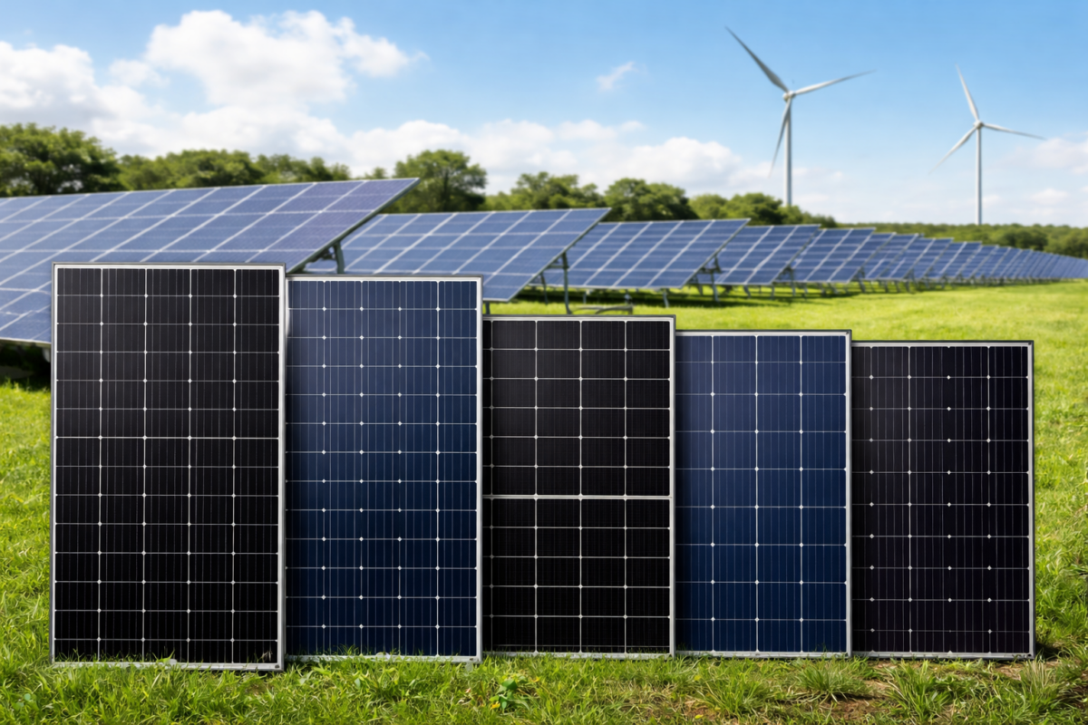 High efficiency solar modules installed at solar power plant showing monocrystalline and polycrystalline solar panels in natural sunlight