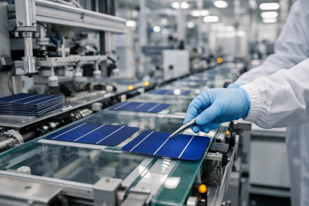 Solar cell manufacturing process at Websol Energy System Ltd production facility with advanced photovoltaic technology