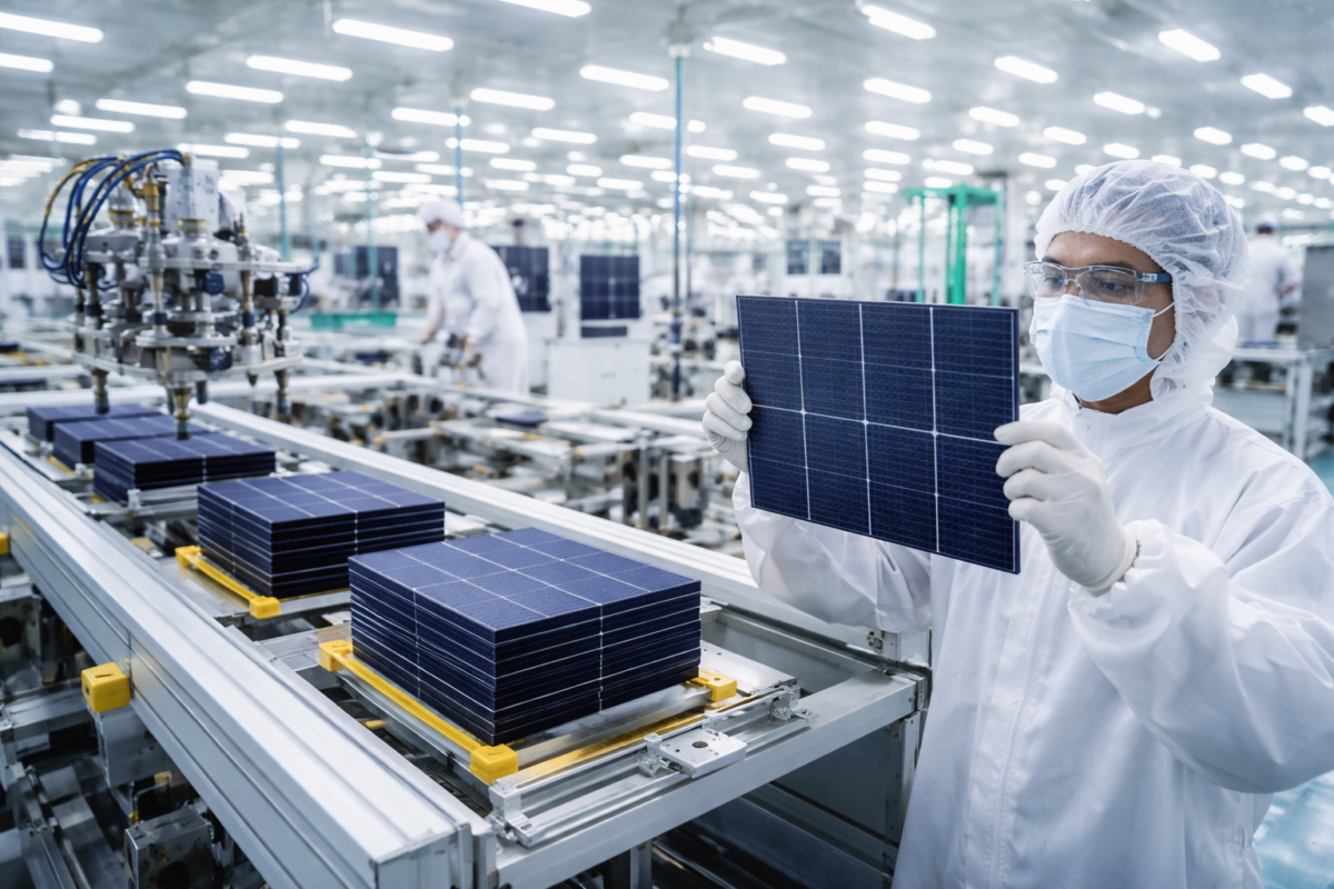 Engineer inspecting M10 bifacial mono-PERC solar cell in advanced solar cell manufacturing facility in India