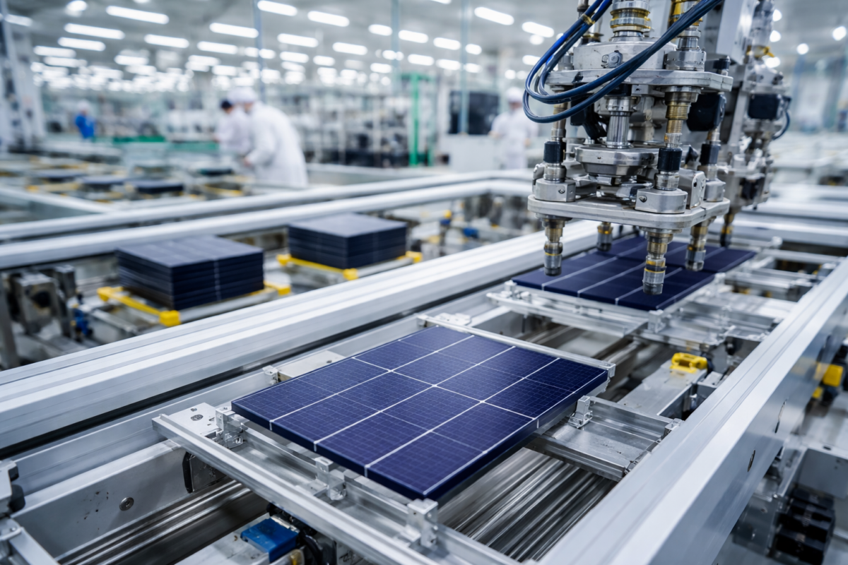 Automated production line manufacturing bifacial mono-PERC solar cells in a modern solar cell manufacturing facility in India