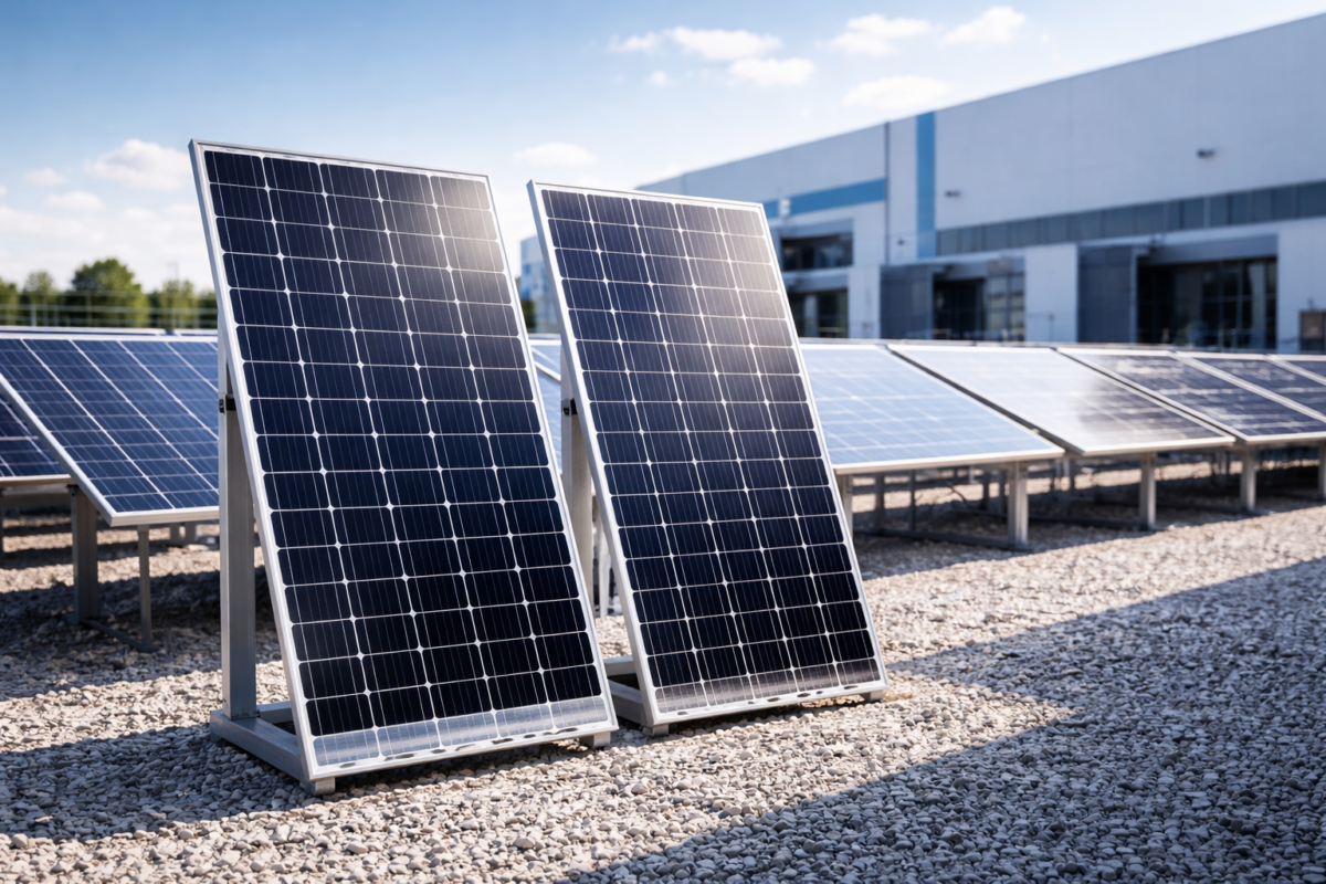 Bifacial solar modules installed at a solar manufacturing facility capturing sunlight from both sides.