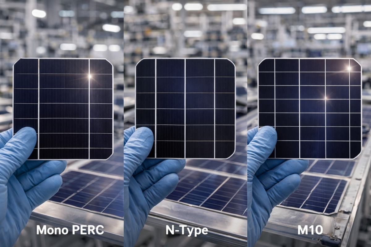 Comparison of Mono PERC, N-Type, and M10 solar cells used in modern photovoltaic manufacturing