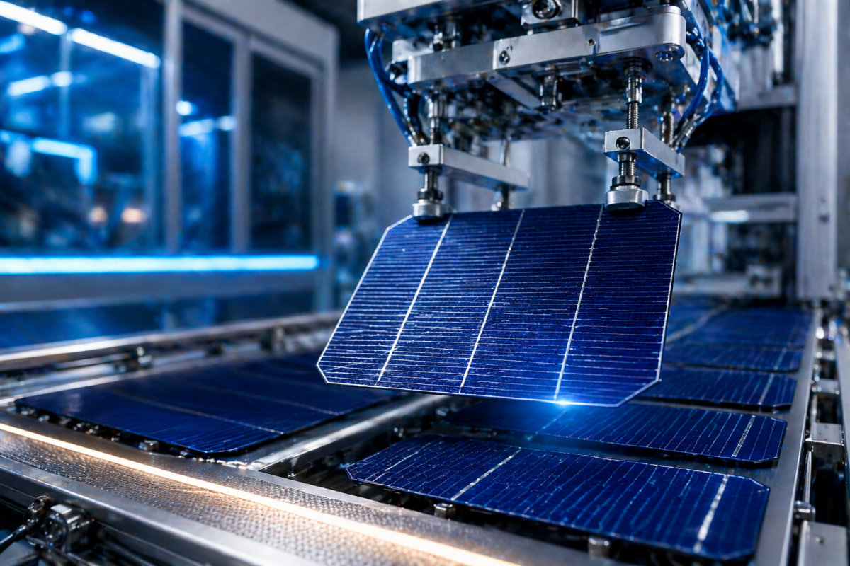 Automated solar cell manufacturing process with robotic arm handling photovoltaic wafers in a modern factory