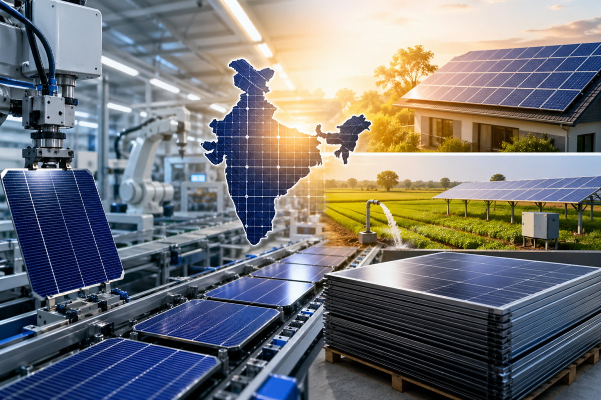 Solar cell manufacturing facility in India with automated production line and solar panels powering homes and agriculture