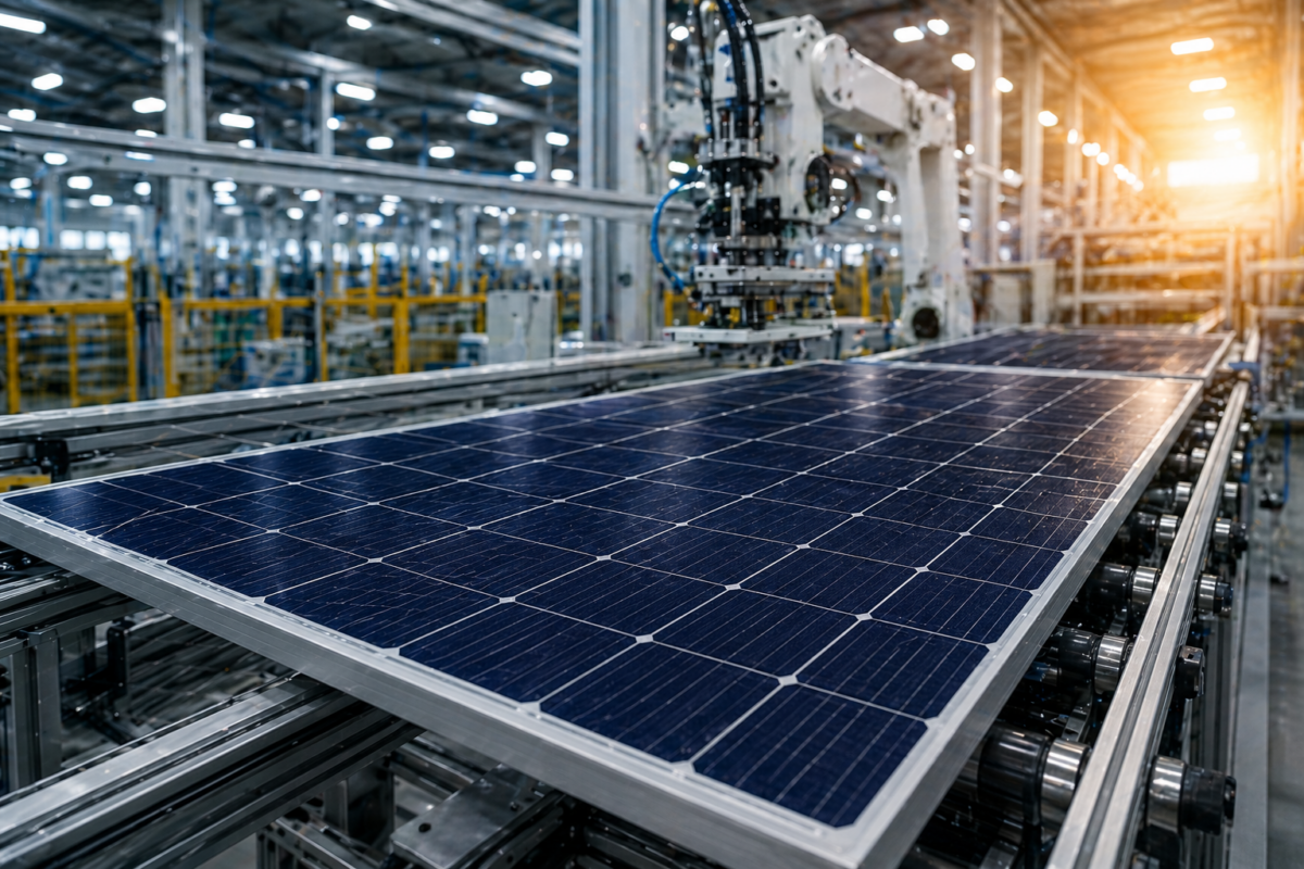 Solar panel manufacturing line in India highlighting domestic production and renewable energy growth