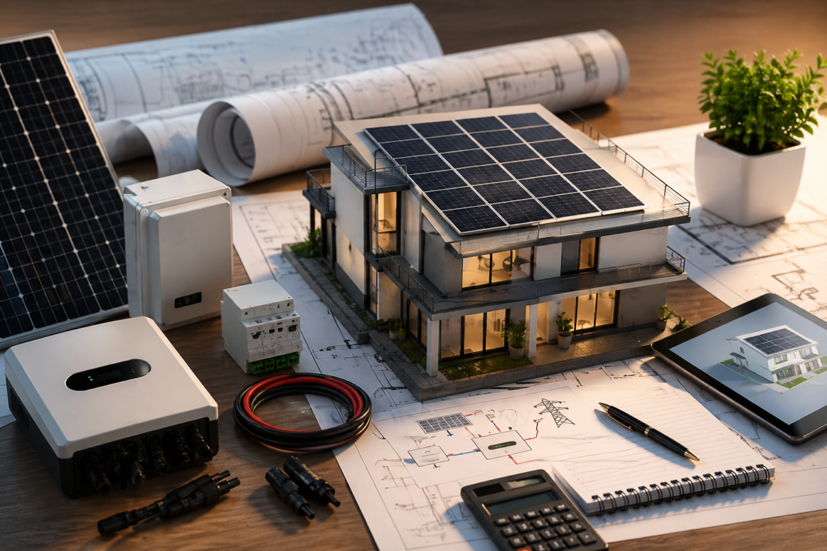 Rooftop solar system design with house model, solar panels, inverter, and technical planning layout